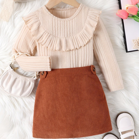 Girl's Ruffled Long Sleeve Top & Corduroy Skirt Set Casual Outfits Kids Clothes