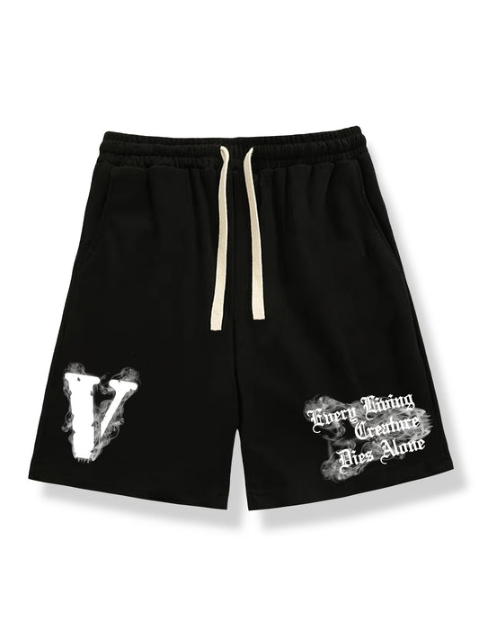 Men's Big V Letter Print Casual Drawstring Shorts