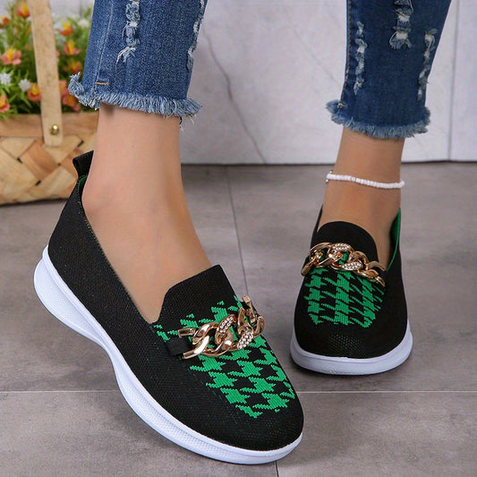 Rhinestone Chain Sneakers Houndstooth Low Top Platform Knit Shoes