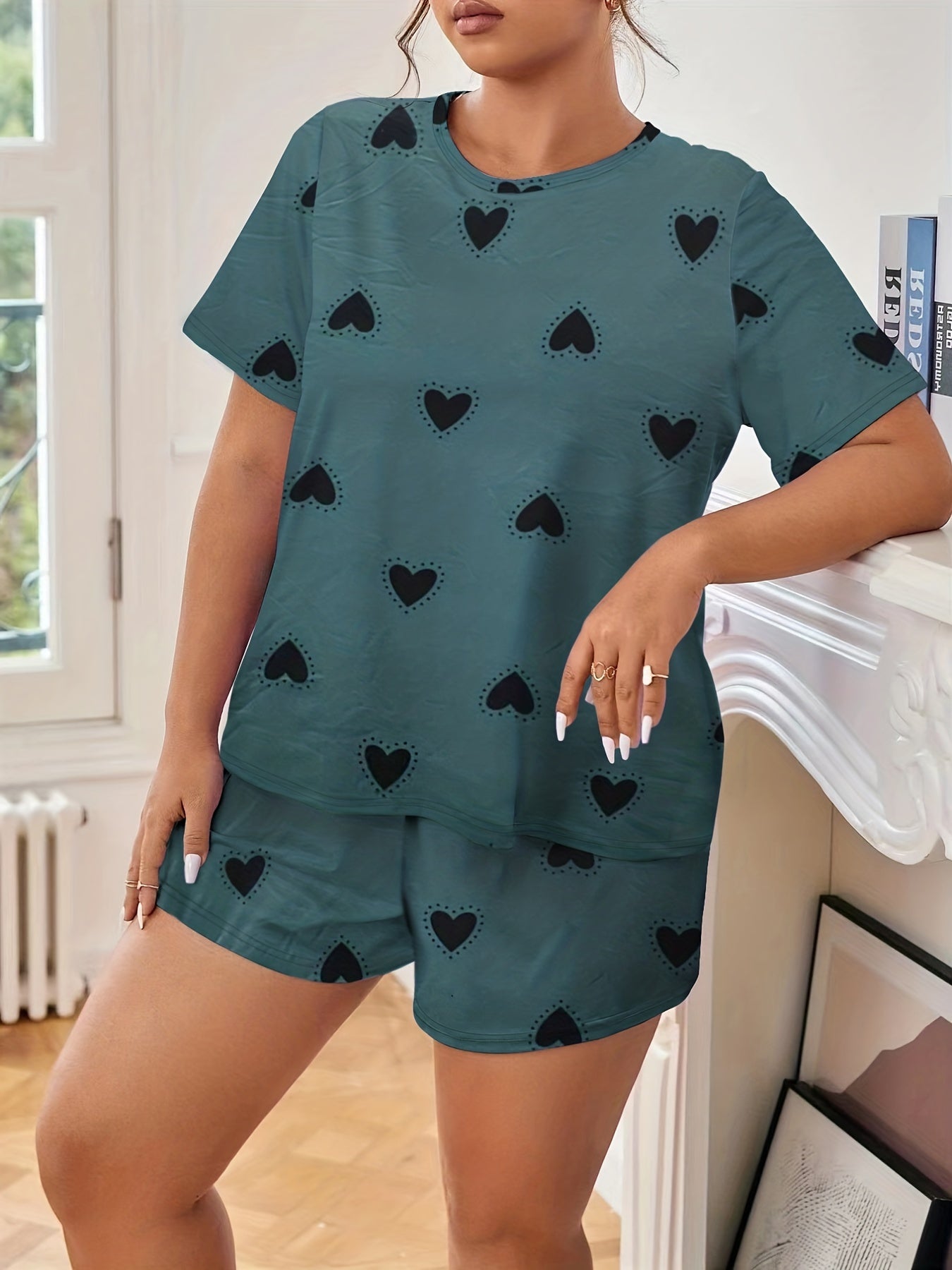  Heart Print Tee & Shorts Loungewear Set