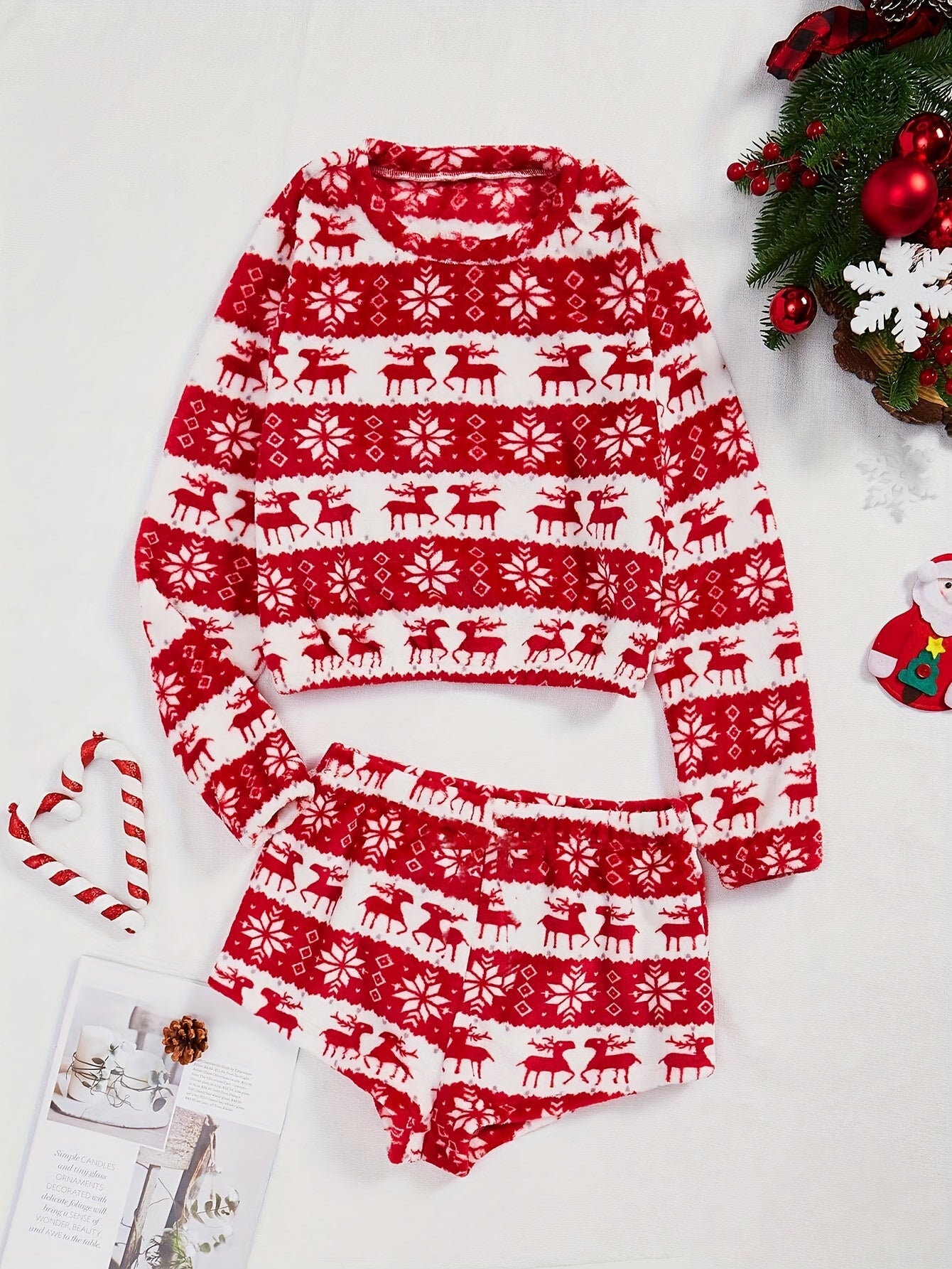 Christmas Plush Pajama Set Crew Neck Long Sleeve Top & Shorts
