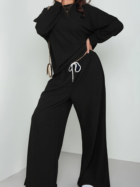 Casual Two Piece Set Solid Top & Wide Leg Pants
