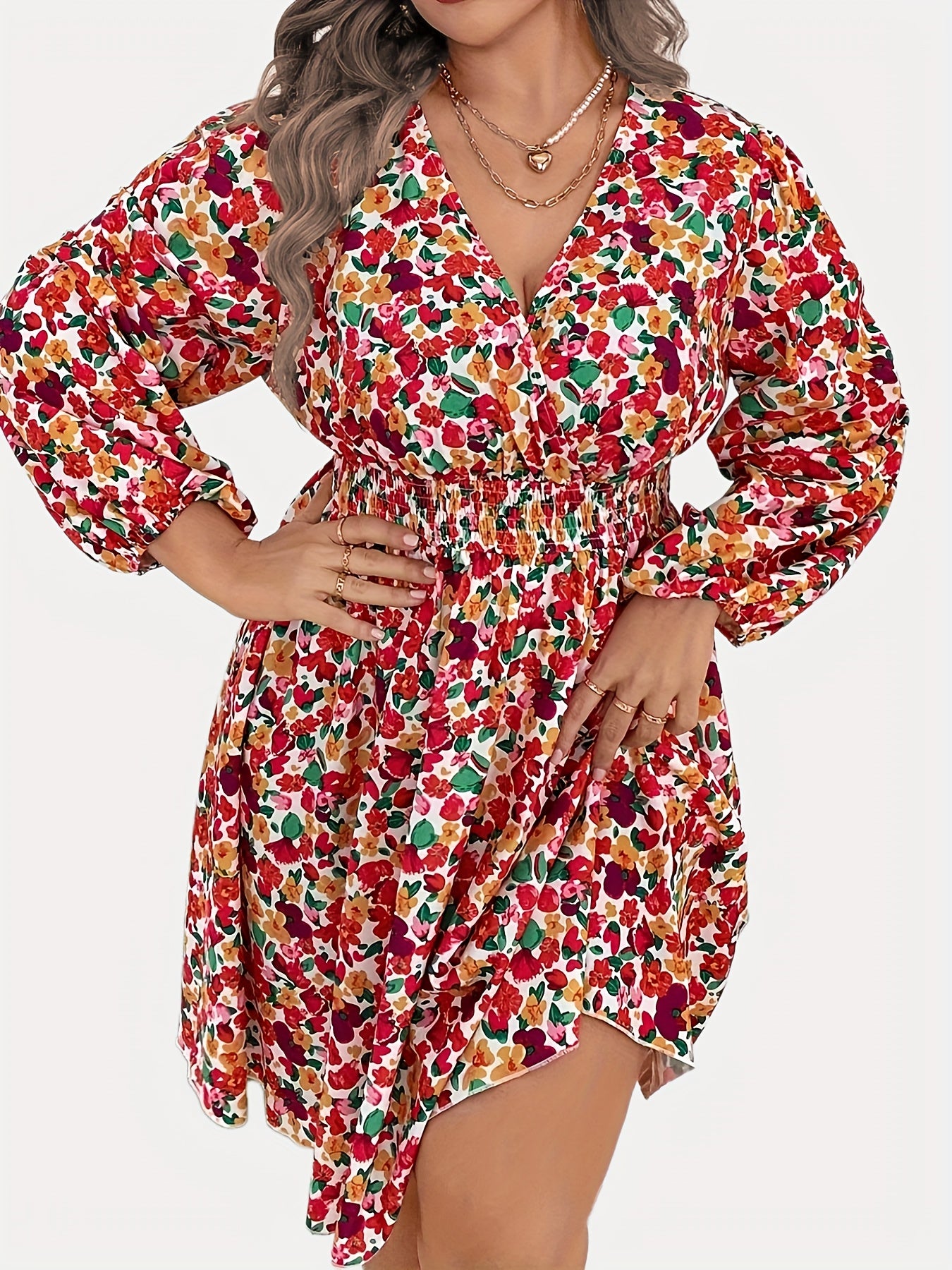  Floral Print Lantern Sleeve Surplice Neck Dress