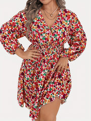  Floral Print Lantern Sleeve Surplice Neck Dress