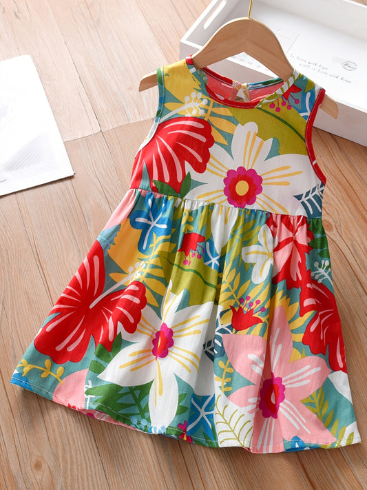 Girls Casual Graffiti Floral Sleeveless Dress