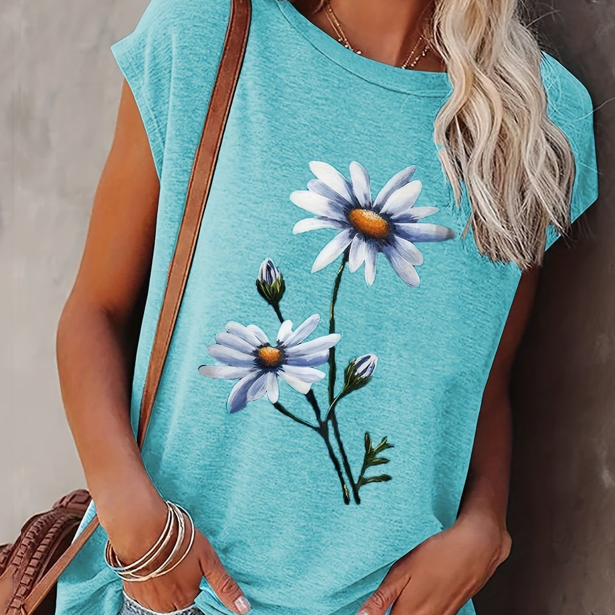 Floral Print Cap Sleeve Top Summer Crew Neck Casual Top