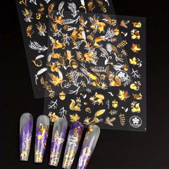 Golden Maple Leaves Butterfly Nail Stickers 3D Adhesive Art Supplies