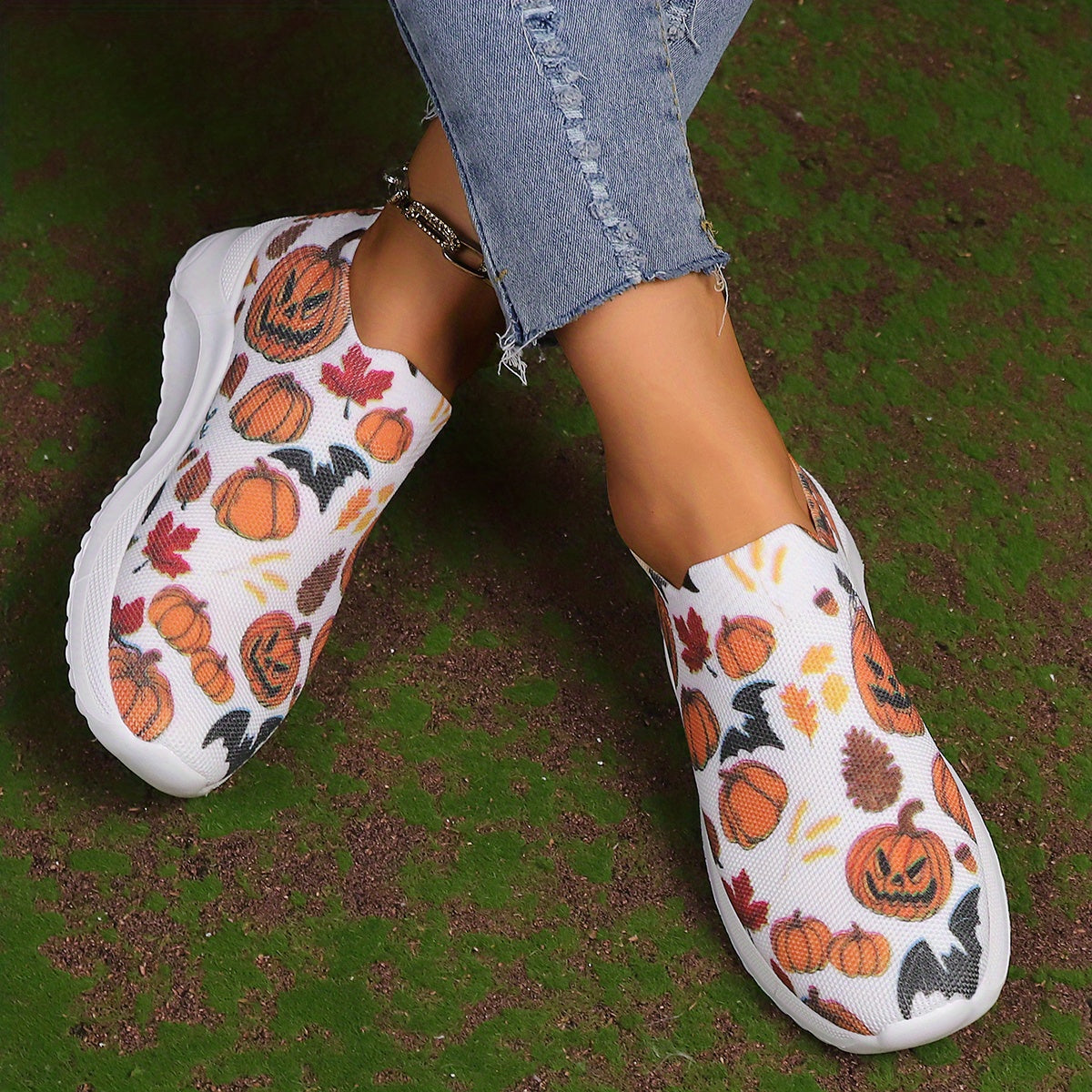 Halloween Pumpkin Print Running Shoes Lightweight Breathable Slip On Sneakers