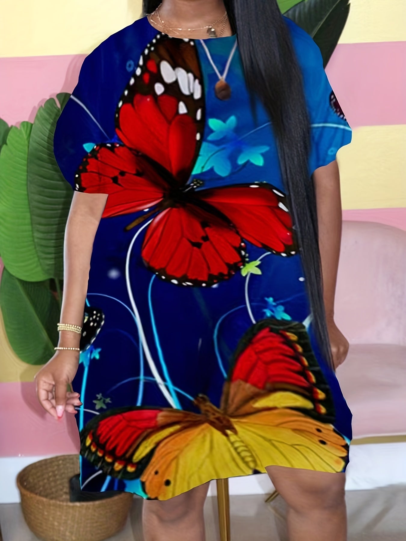  Butterfly Print Round Neck Dress