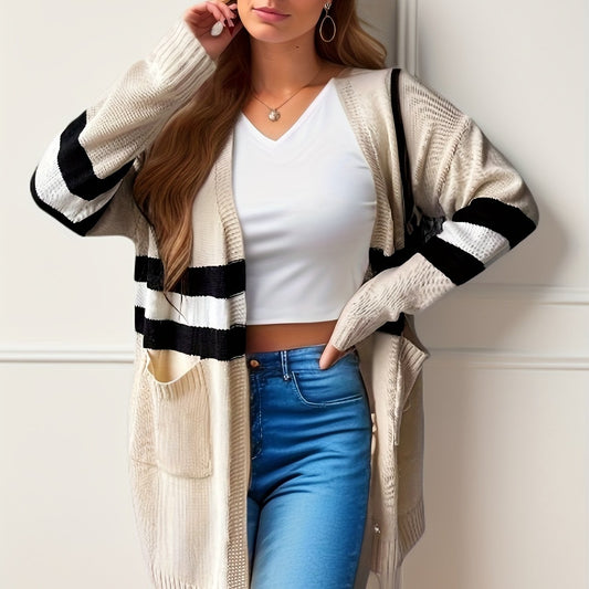 Striped Long Sleeve Open Front Cardigan With Pockets