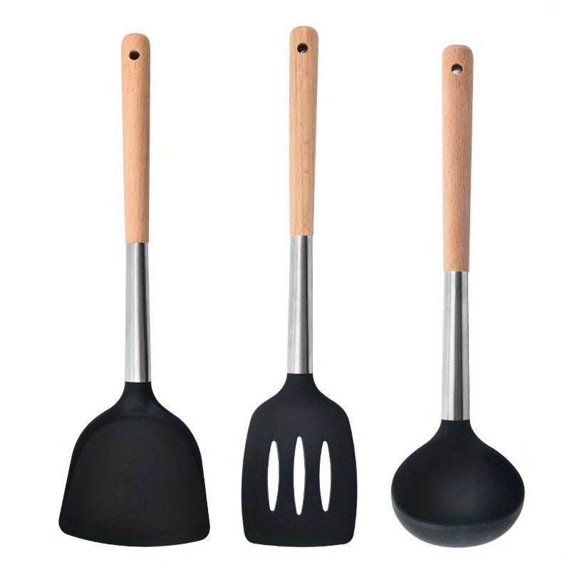 3pcs Silicone Kitchen Utensils Set Wooden Handle Heat Resistant Cooking Utensils