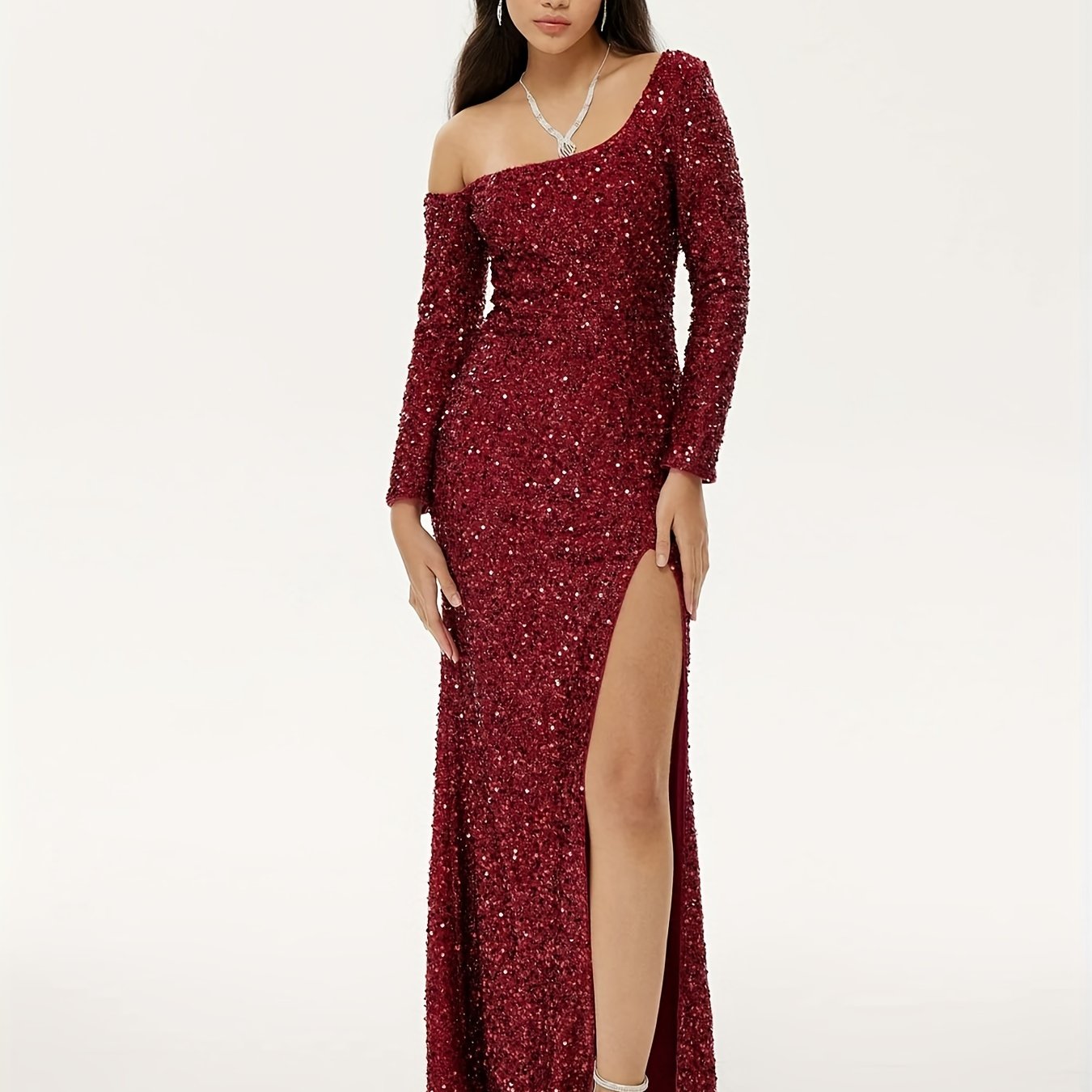 Glitter Sequined Split Dress For Wedding Party