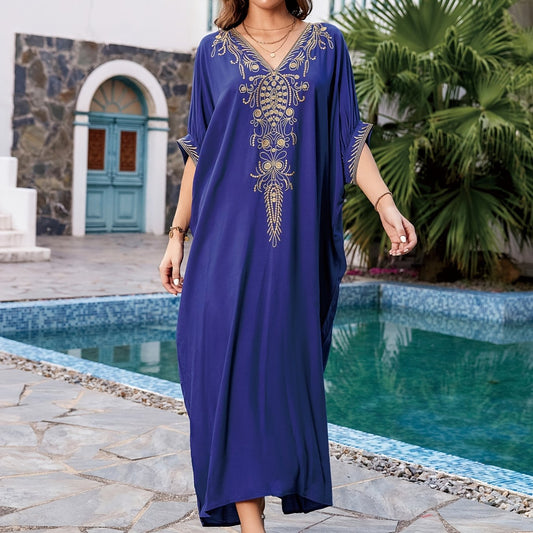  Embroidered Boho Kaftan Dress V Neck Beach Cover Up