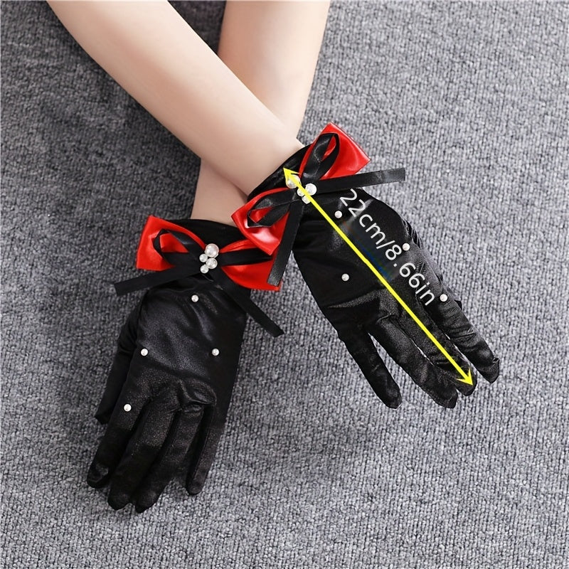 Bridal Gloves Red Bow Pearl Accents Funky Polyester Wedding Dress Accessory