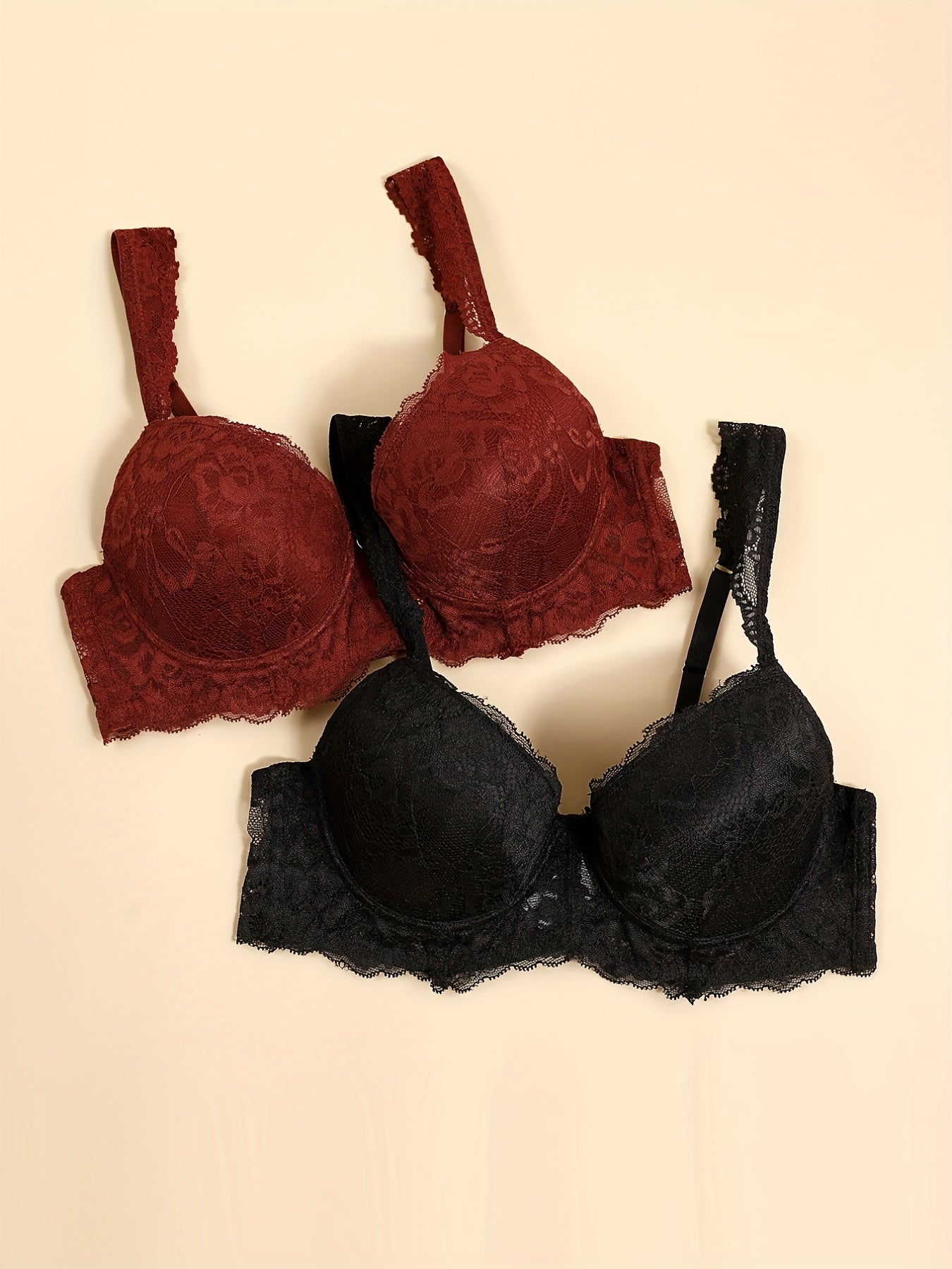 2pcs Contrast Lace Push Up Bras Comfy & Breathable Intimates