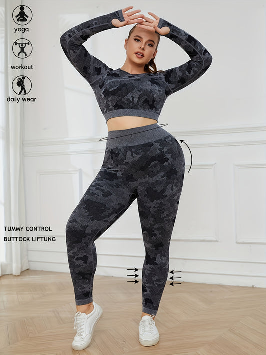  Camo Print Crop Top & Leggings Yoga Outfit Set