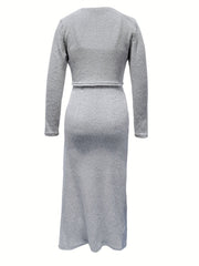 Ribbed Two-Piece Set Open Front Long Sleeve Top & Twist Strap Dress