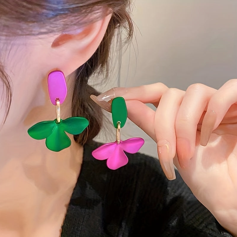 Green & Purple Flower Earrings Silver Needle Punk Style