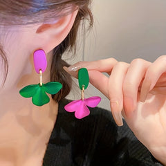 Green & Purple Flower Earrings Silver Needle Punk Style