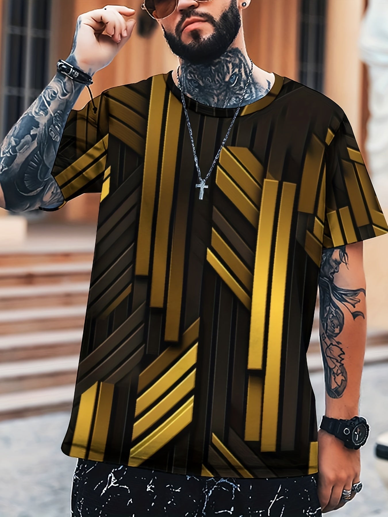 Men's Stripes Print T shirt Active Comfy Crew Neck 3D Print Tee
