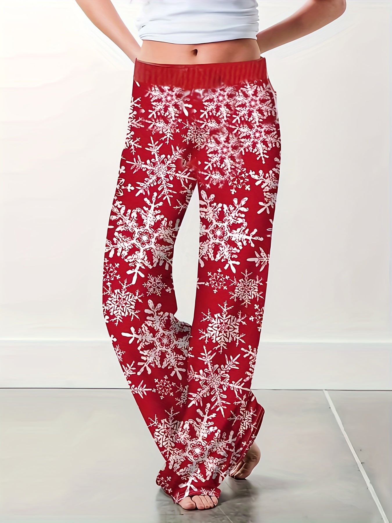  Snowflake Print Wide Leg Trousers with High Rise Elastic Waist