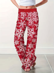  Snowflake Print Wide Leg Trousers with High Rise Elastic Waist