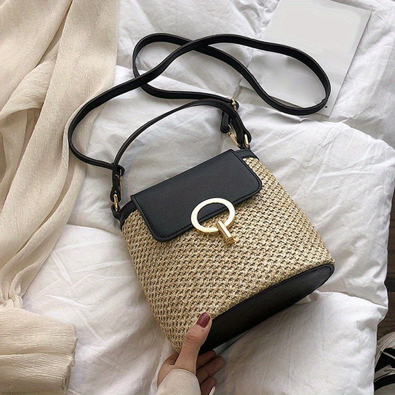 Straw Weaving Crossbody Bag Flap Slouchy Bucket Bag