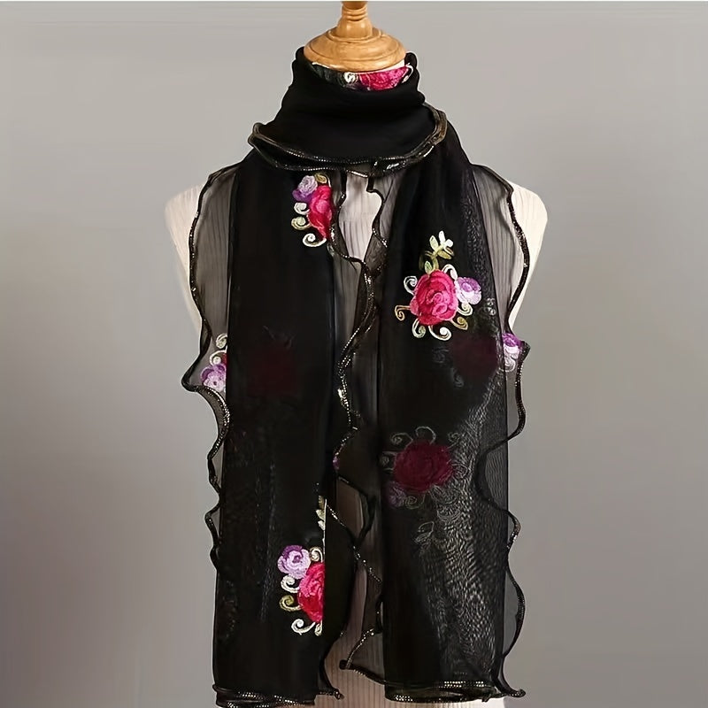 Ruffles Rose Embroidered Scarf Double Layer Gauze Head Wrap