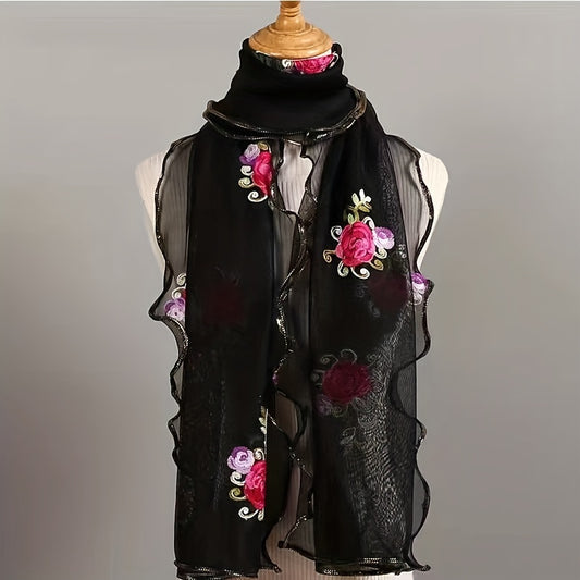 Ruffles Rose Embroidered Scarf Double Layer Gauze Head Wrap