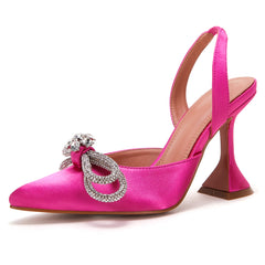 Women's Rhinestone Bow High Heels Pointed Toe Slip On Slingback Wedding Pumps