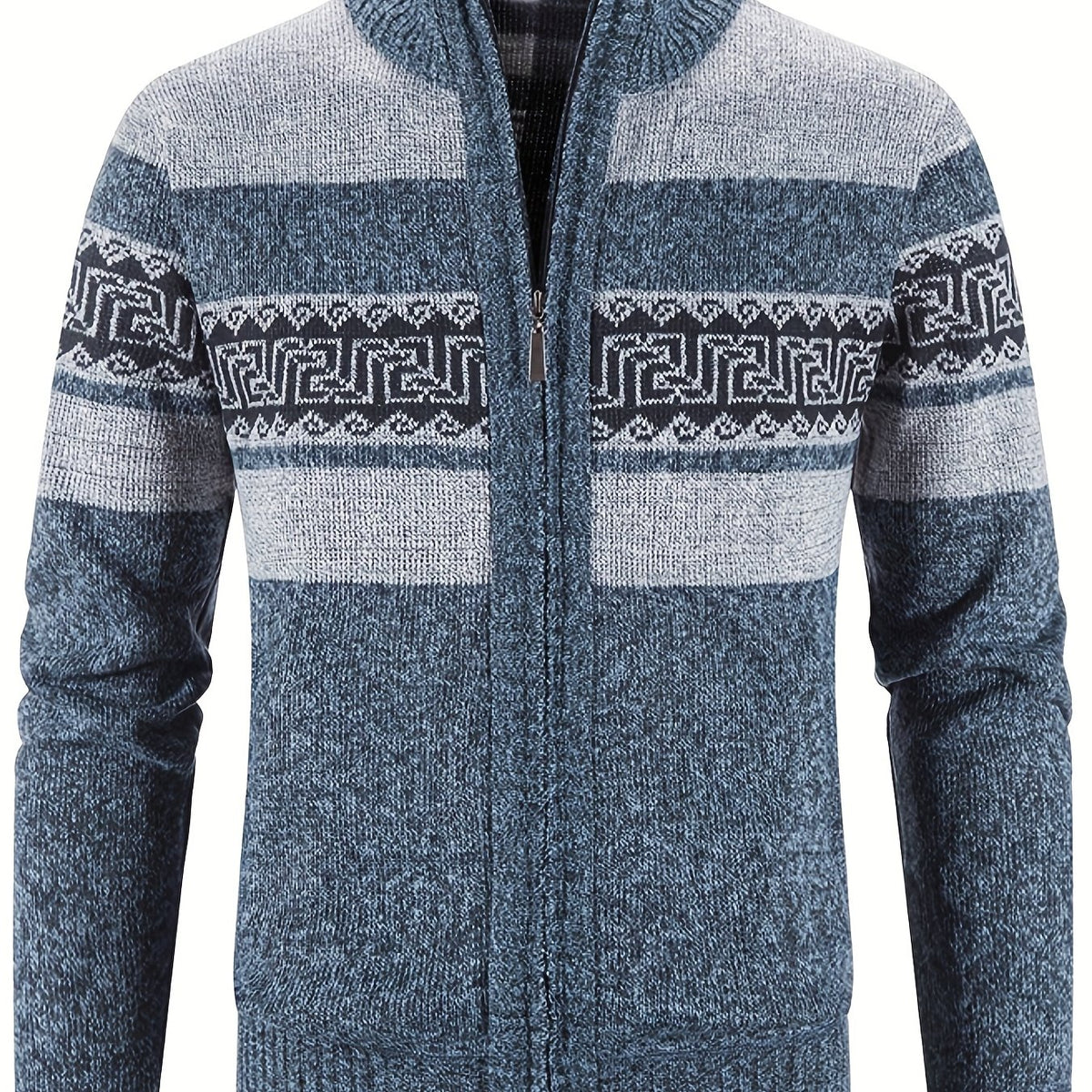 Geometric Pattern Stand Collar Cardigan Men's Zip Up Jacket