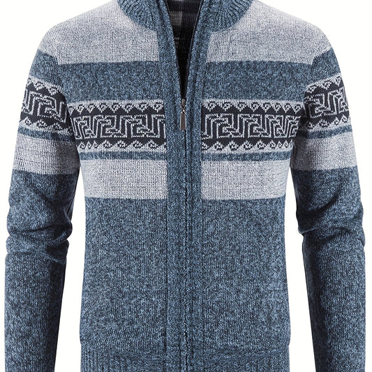 Geometric Pattern Stand Collar Cardigan Men's Zip Up Jacket