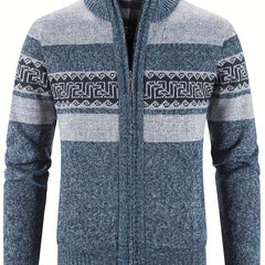 Geometric Pattern Stand Collar Cardigan Men's Zip Up Jacket