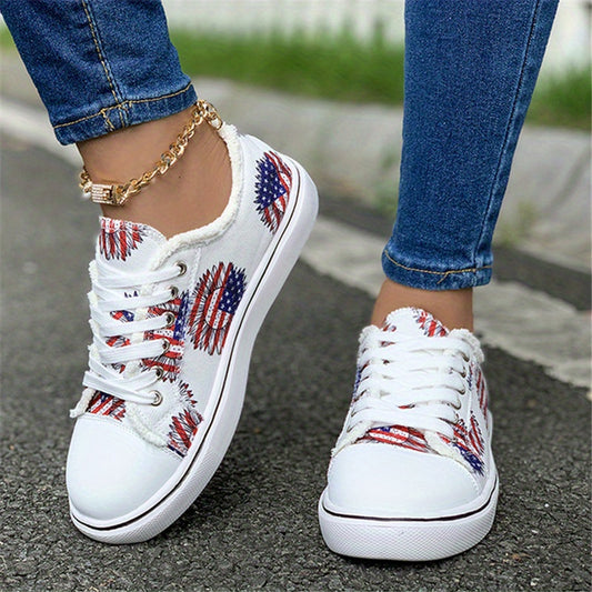 4th of July Sunflower Print Canvas Shoes Low Top Lace Up Sneakers