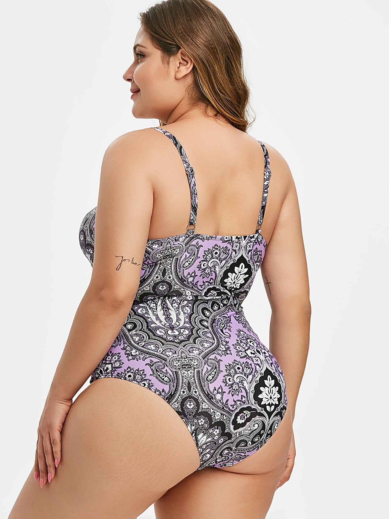 Floral Print Ring Belt One Piece Swimsuit Plus Size