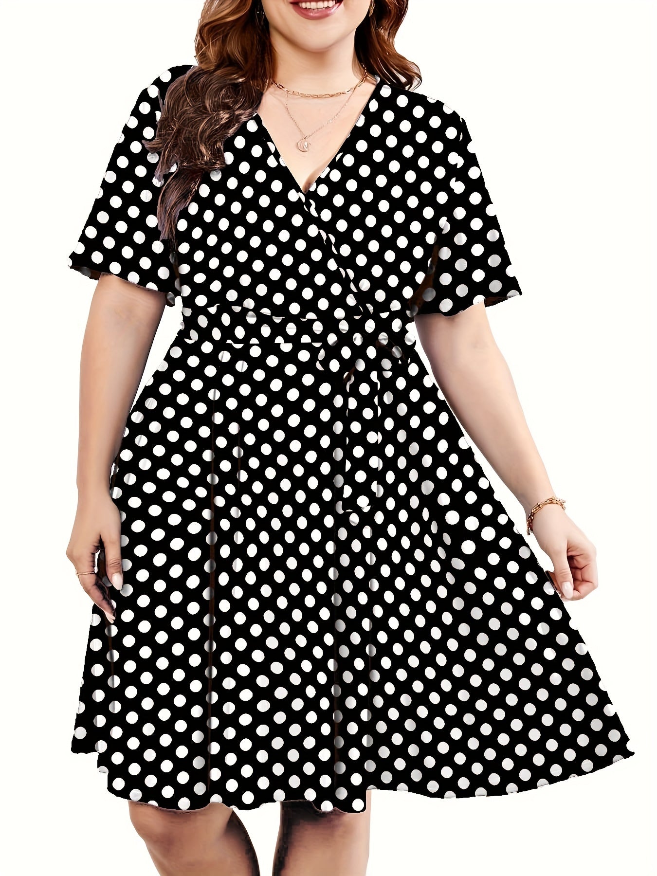  Polka Dot Print Short Sleeve V Neck Dress With Belt