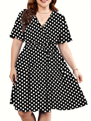  Polka Dot Print Short Sleeve V Neck Dress With Belt