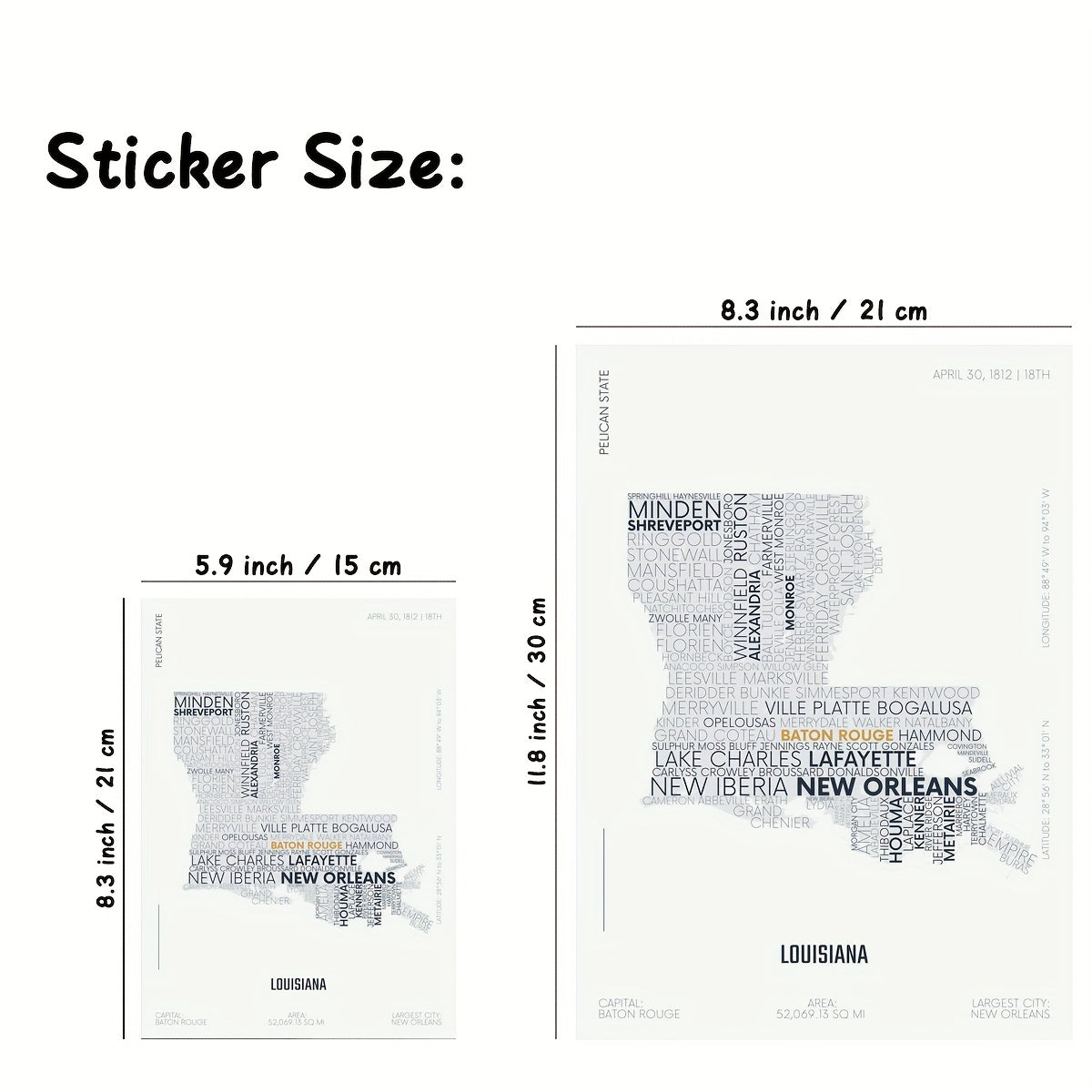 Louisiana State Map Sticker Modern Typography Art Waterproof Removable A5