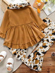 3pcs Baby Girls Ruffled Dress Top & Flared Pants & Scarf Set