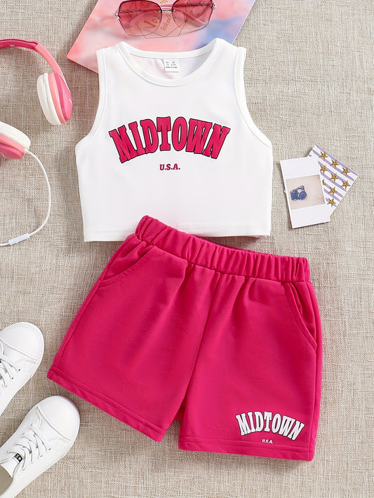 Girls Letter Graphic Tank Top & Track Shorts Set