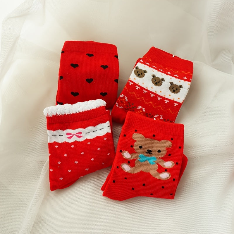 4 Pairs Cartoon Print Socks Chinese Year Women's Stockings Hosiery