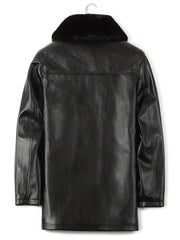 Men's Fleece PU Jacket Fur Collar Button Up Leather Jacket