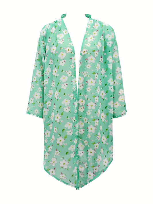 Long Sleeves Floral Print Loose Fit V Neck Cover Up Shirt