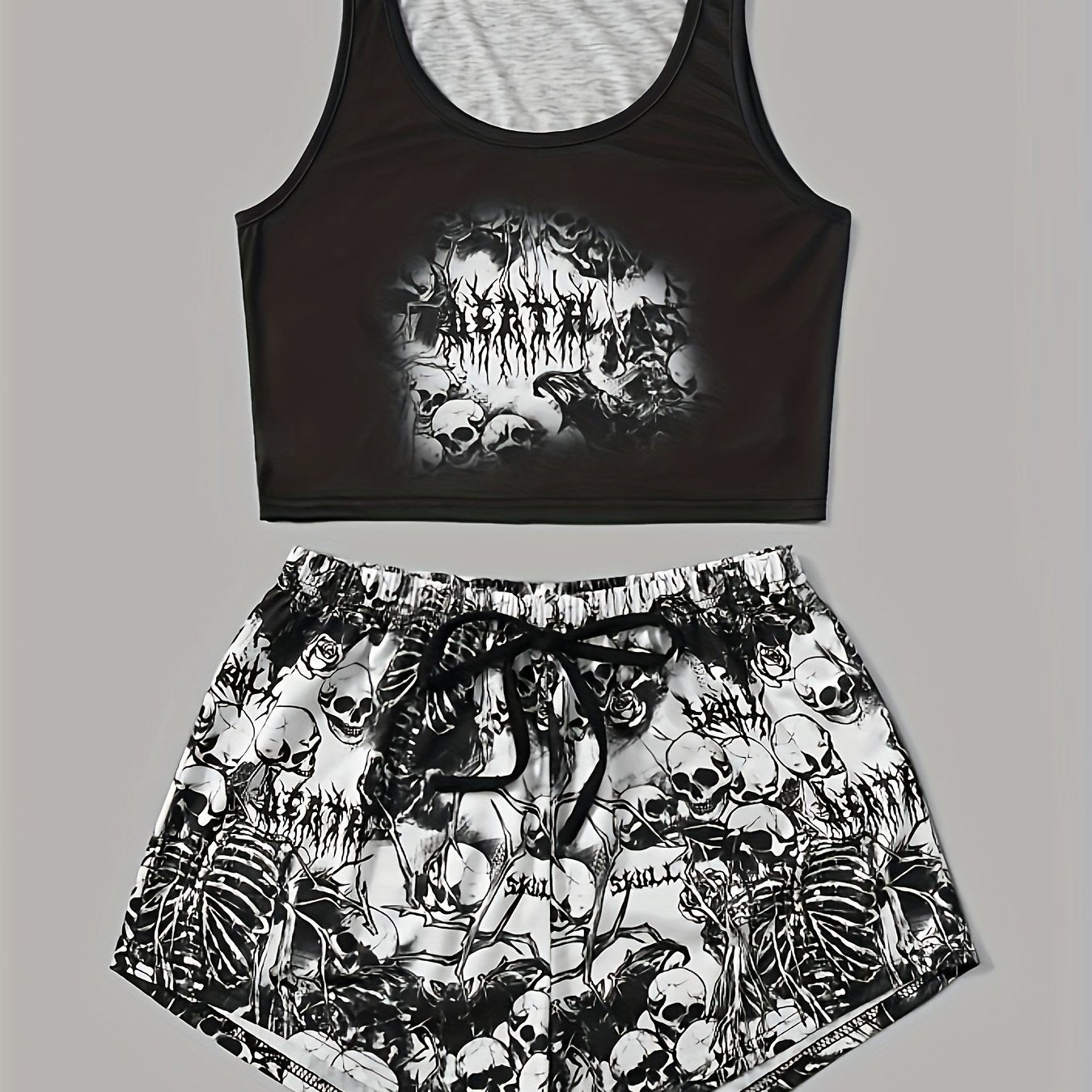 Skull Print Halloween Lounge Set Tank Top & Shorts Women's Loungewear