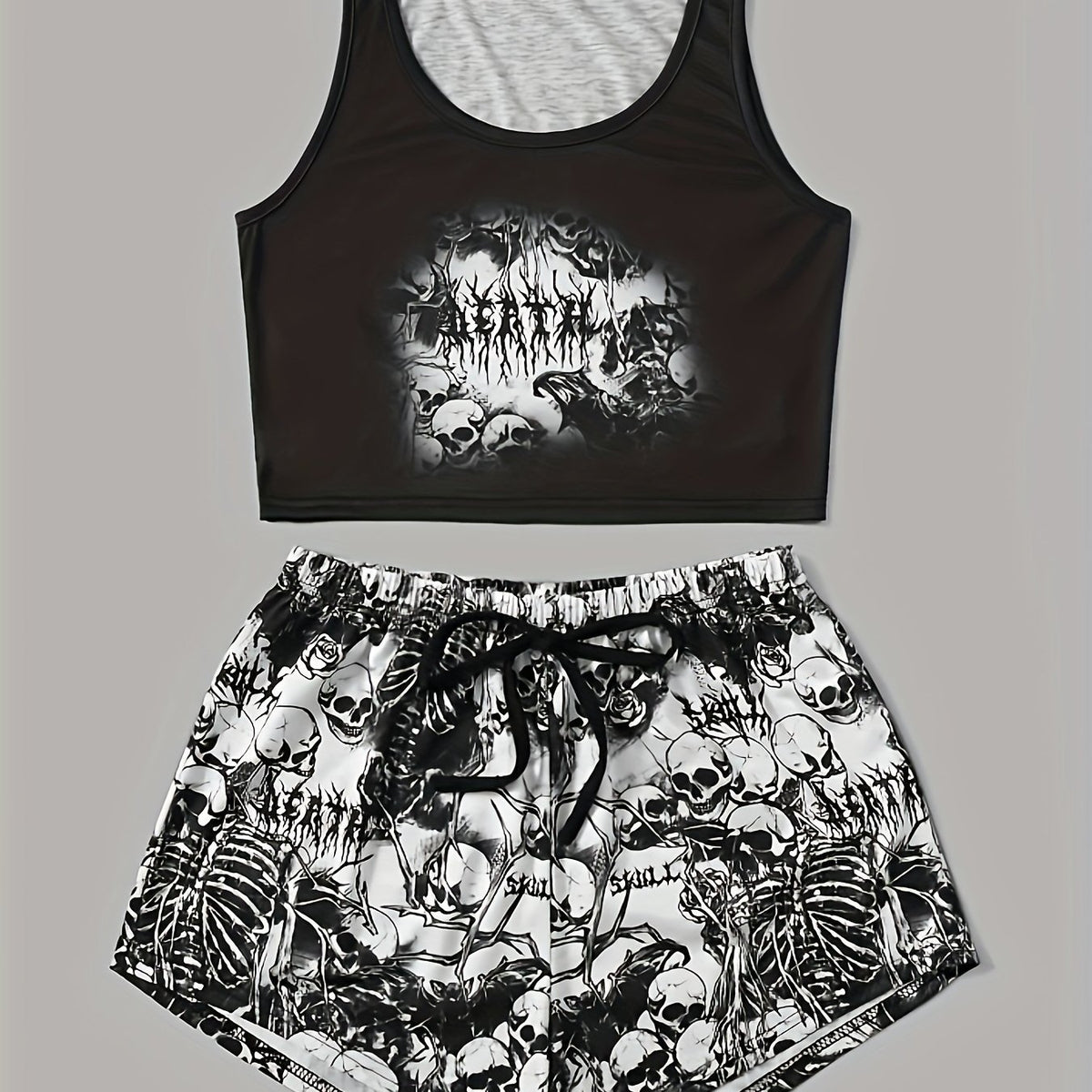 Skull Print Halloween Lounge Set Tank Top & Shorts Women's Loungewear