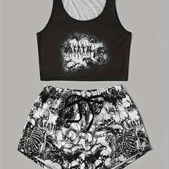 Skull Print Halloween Lounge Set Tank Top & Shorts Women's Loungewear
