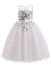 Girls Floral Sleeveless Mesh Princess Dress For Kids