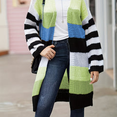  Colorblock Stripe Print Long Sleeve Open Front Cardigan