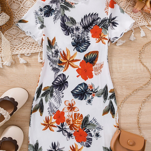 Girls Flowers Print Slim Dress Kids Summer Clothes