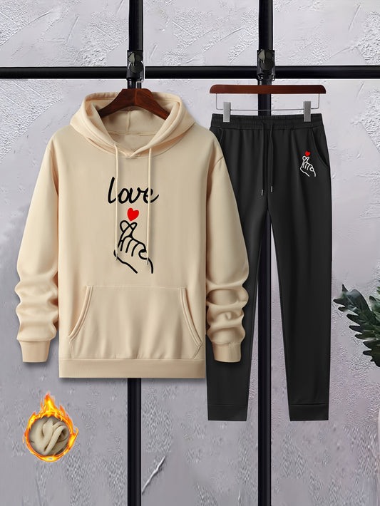 Love Hearts Print Men's 2Pcs Outfits Crew Neck Long Sleeve T Shirt Hooded Sweats